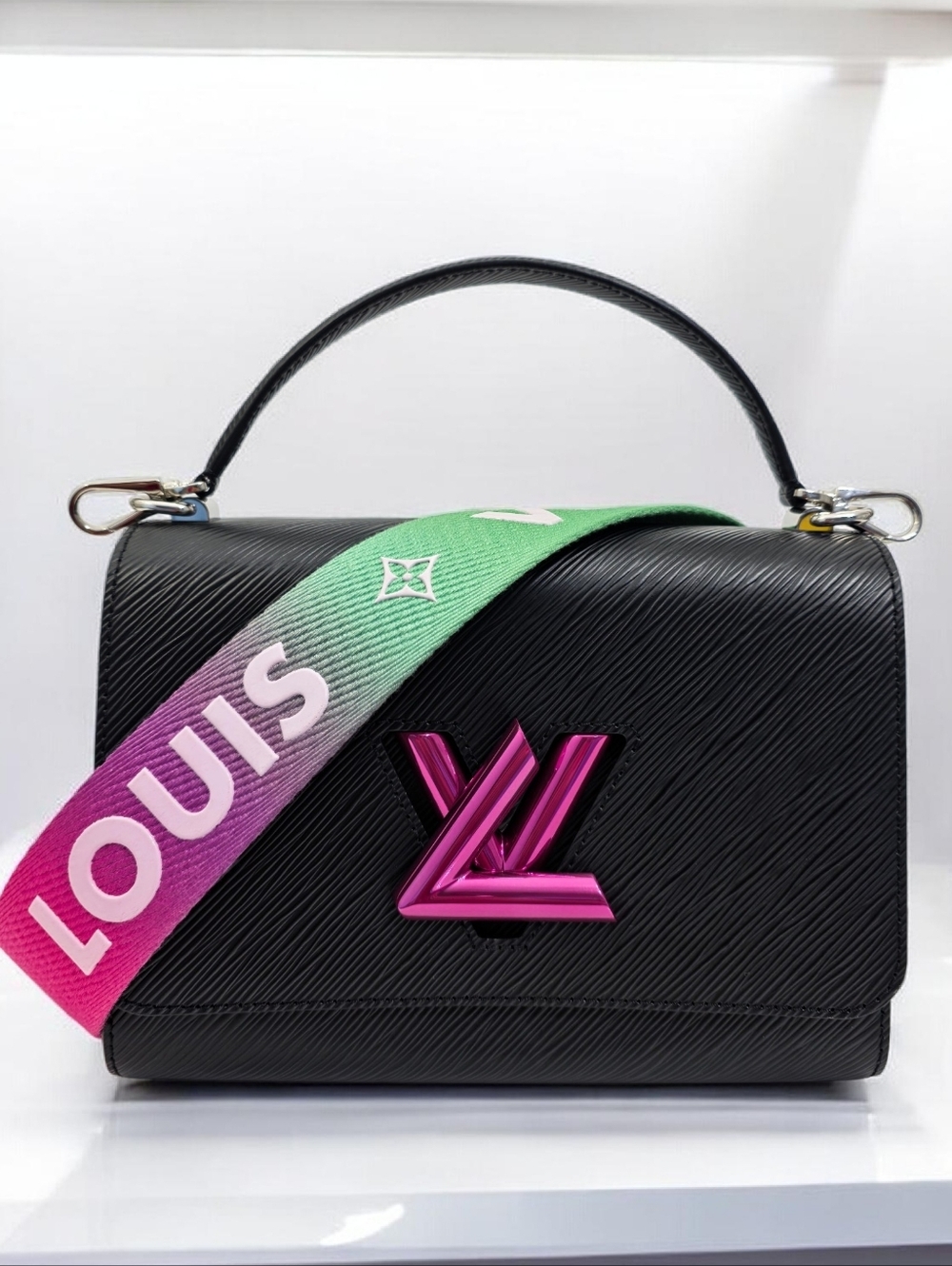 Louis Vuitton Twist MM Epi Limited Edition Black Shoulder Bag Pink Green Strap